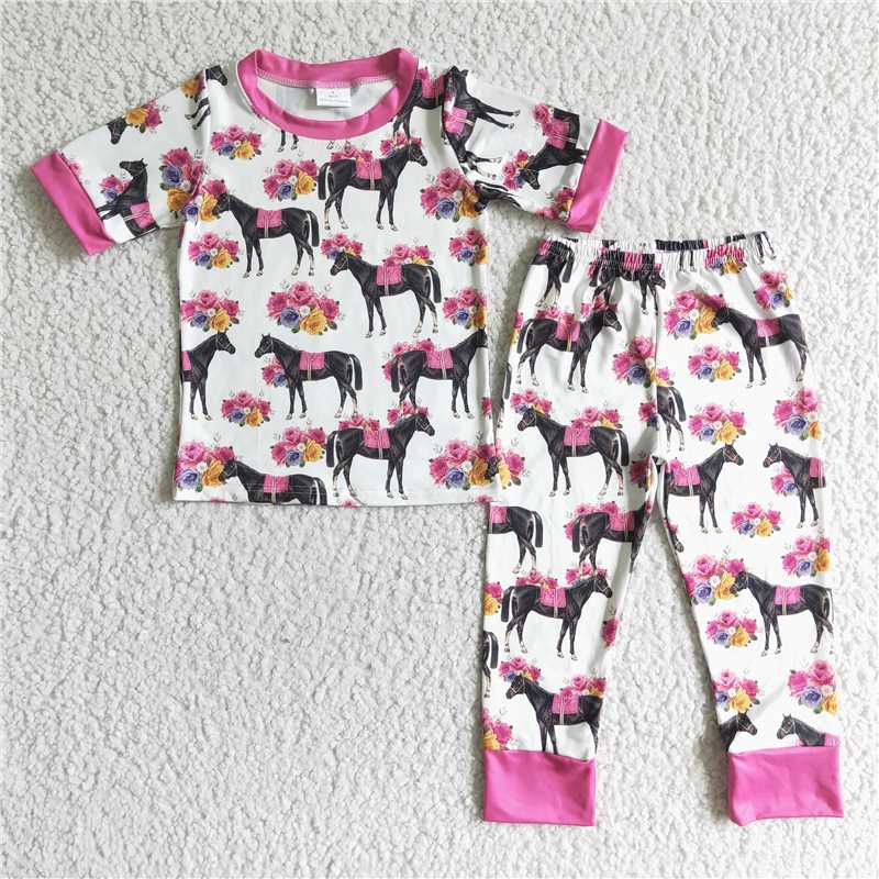 GSPO0005 Girls Short Sleeve Top with Horse Print Long Pants Spring and fall milk silk