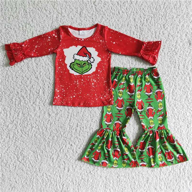 6B6-37 girls christmas outfit long sleeve and long pants cartoon print