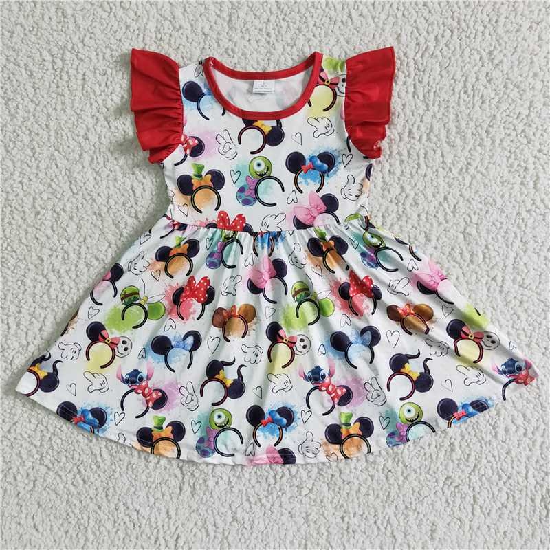 RTS NO MOQ ETA 5/7days Arrived GSD0011 Red Fly-Sleeve Mickey Mouse Headband Dress
