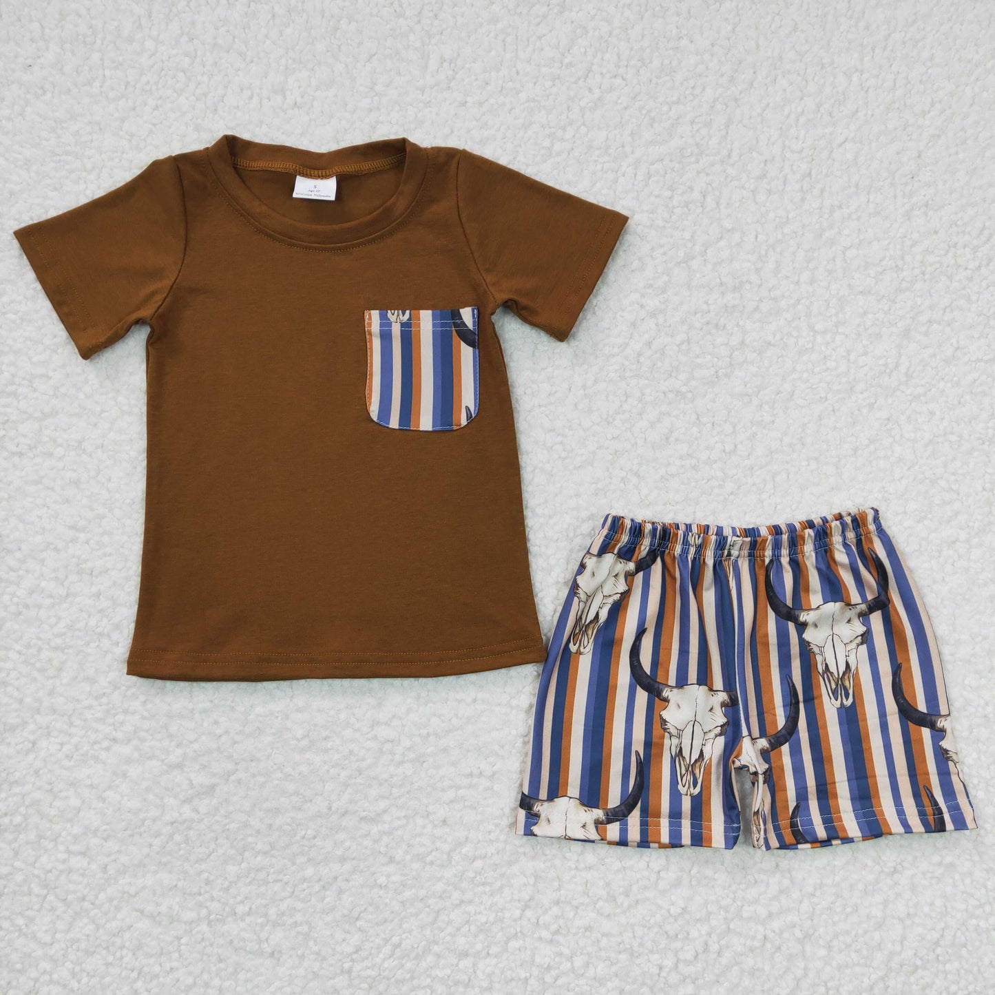 BSSO0149 Boys Bull Head Vertical Stripe Brown Pocket Short Sleeve Shorts Set