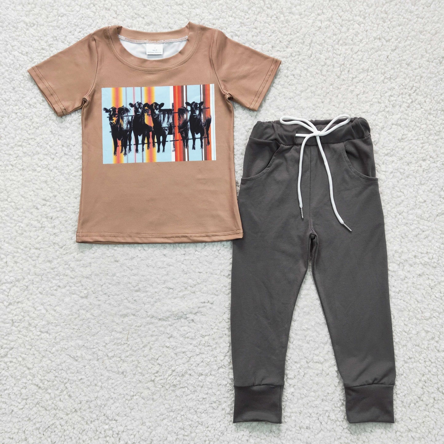 BSPO0064 Boys Herd Brown Short Sleeve Gray Pantsuit