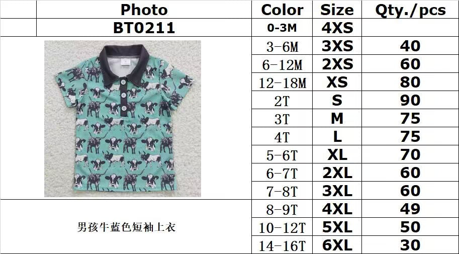 waffle fabric BT0211 Boys Cow Blue Short Sleeve Top