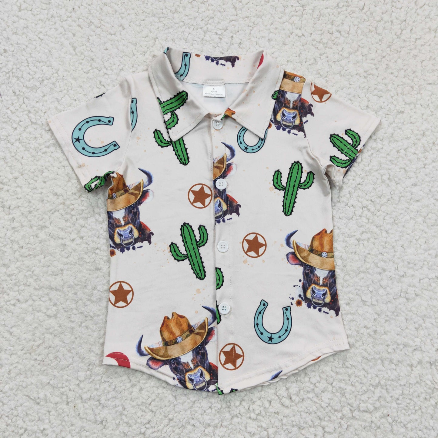 BT0213 Boys Cow Cactus White Short Sleeve Top