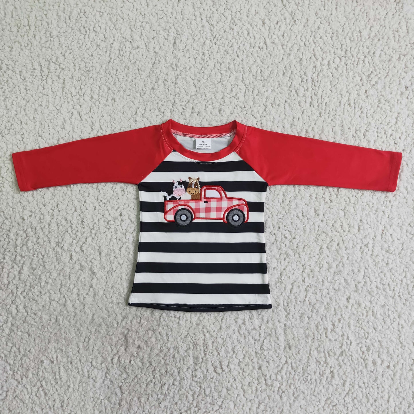 BT0023 Boys Farm Embroidered Auto Stripe Long Sleeve Top Cartoon Print Milk Silk