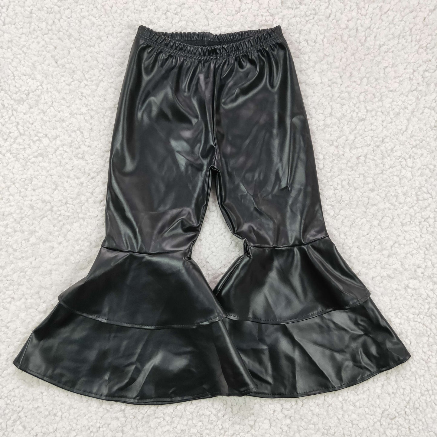 P0034 Girls Black Long Pants Leather Trousers