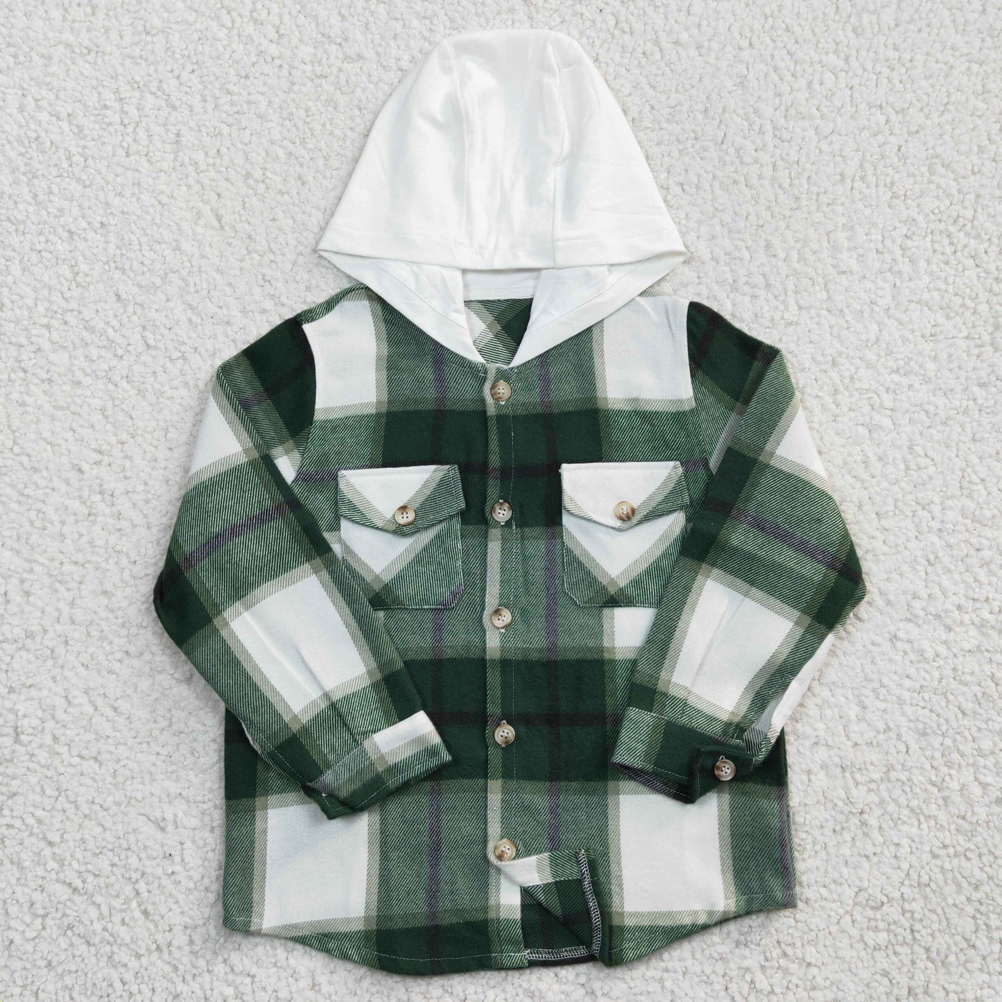 BT0209 Boys Green Plaid Hooded Long Sleeve Shirt