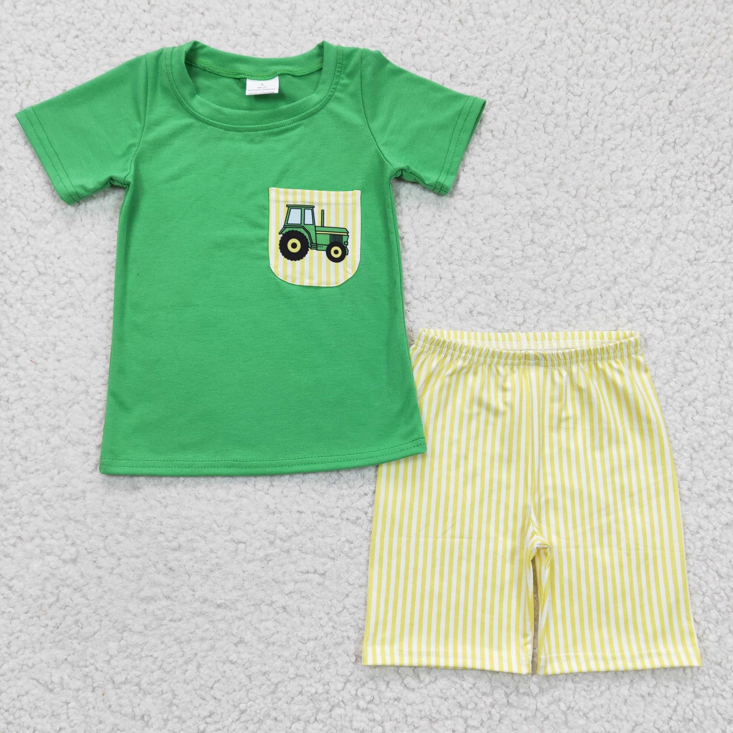 RTS NO MOQ BSSO0058 Boys Green Car Pocket Short Sleeve Yellow Shorts Set