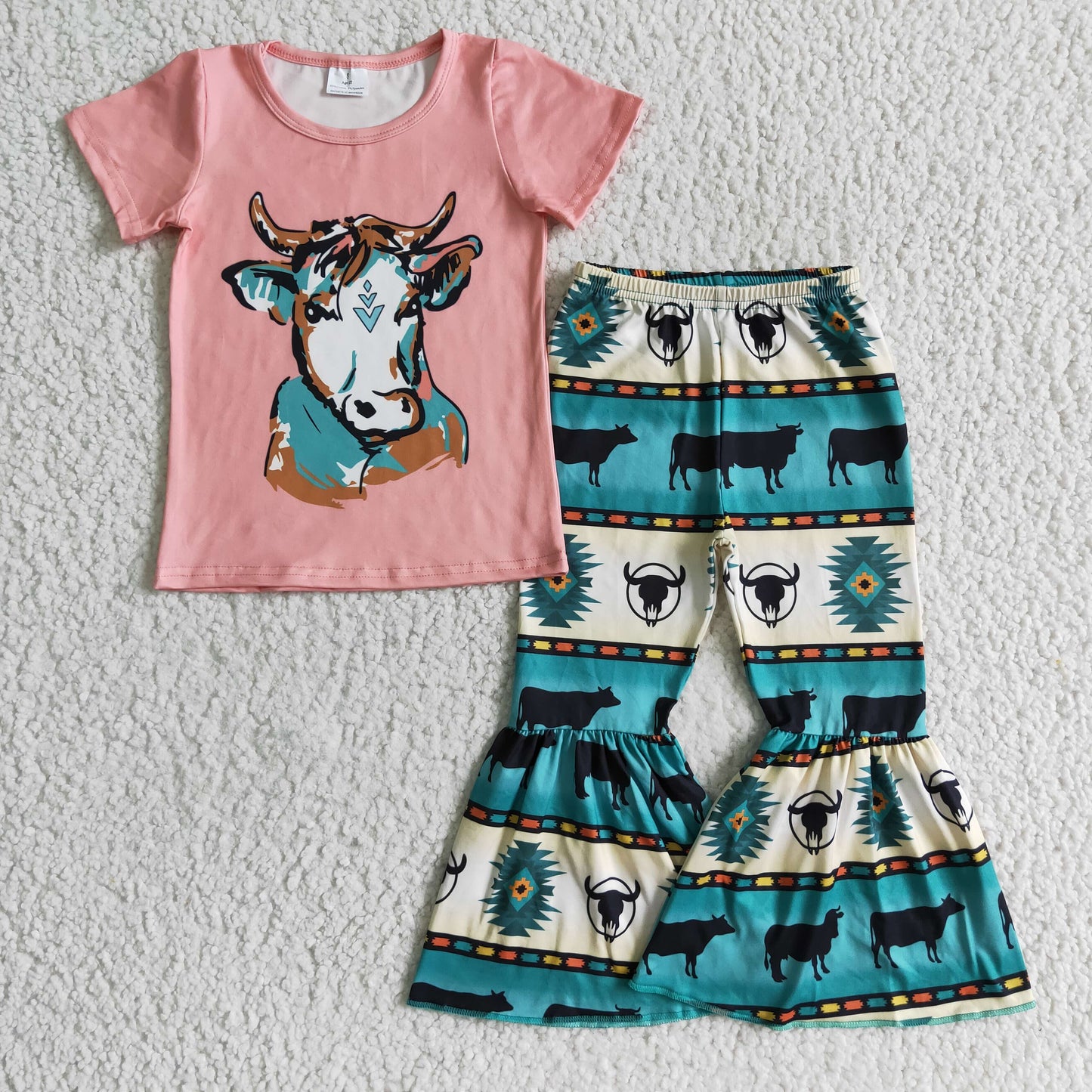 B12-15 girls outfit short sleeve and long pants cow print