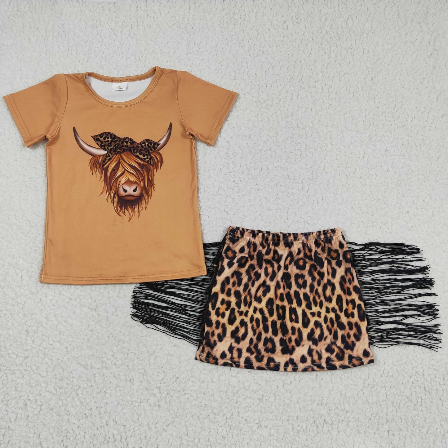GSD0301 Girls Alpine Short Sleeve Leopard Print Fringe Skirt Set