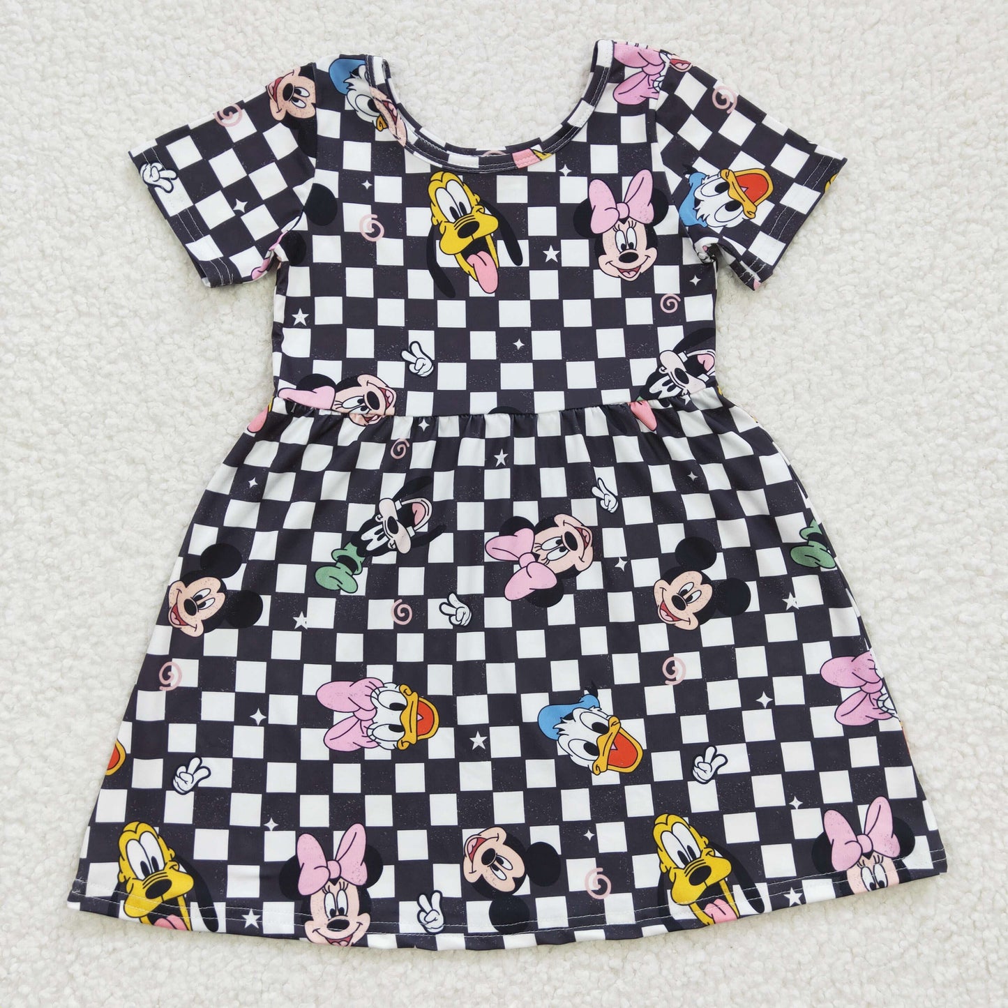 RTS NO MOQ ETA 5/7days Arrived GSD0235 Girls Cartoon Black Plaid Short Sleeve Dress