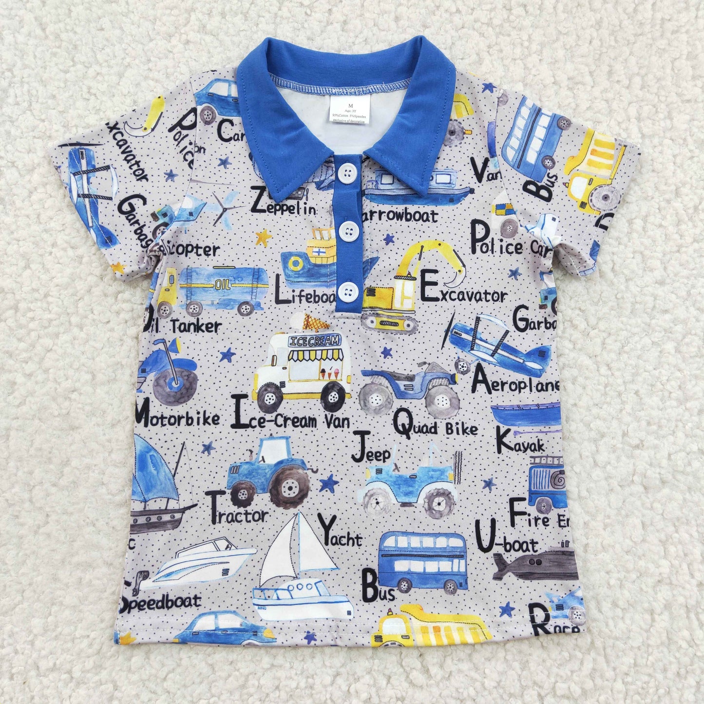 RTS NO MOQ(In Stock ) Boys Excavator Helicopter Boat Short Sleeve Top