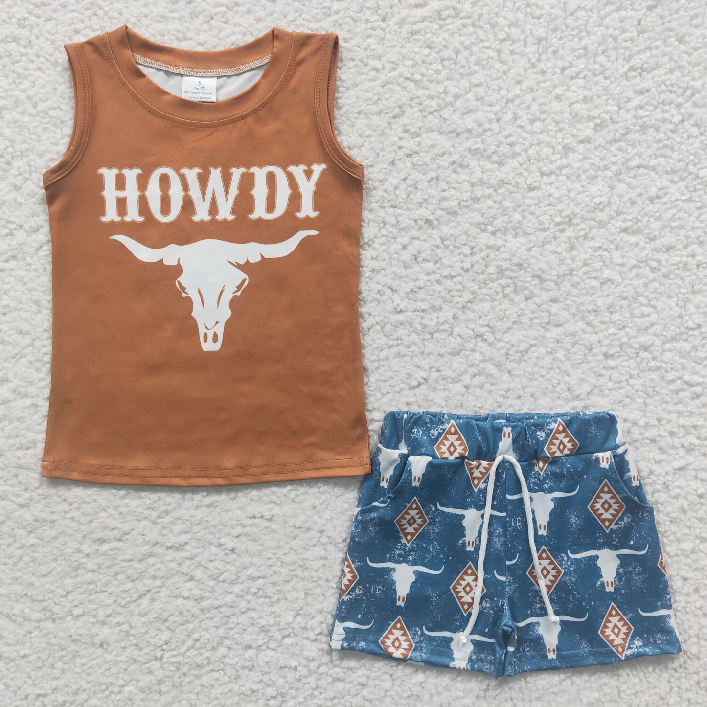 BSSO0207 Boys HOWDY Bullhead Brown Sleeveless Shorts Set