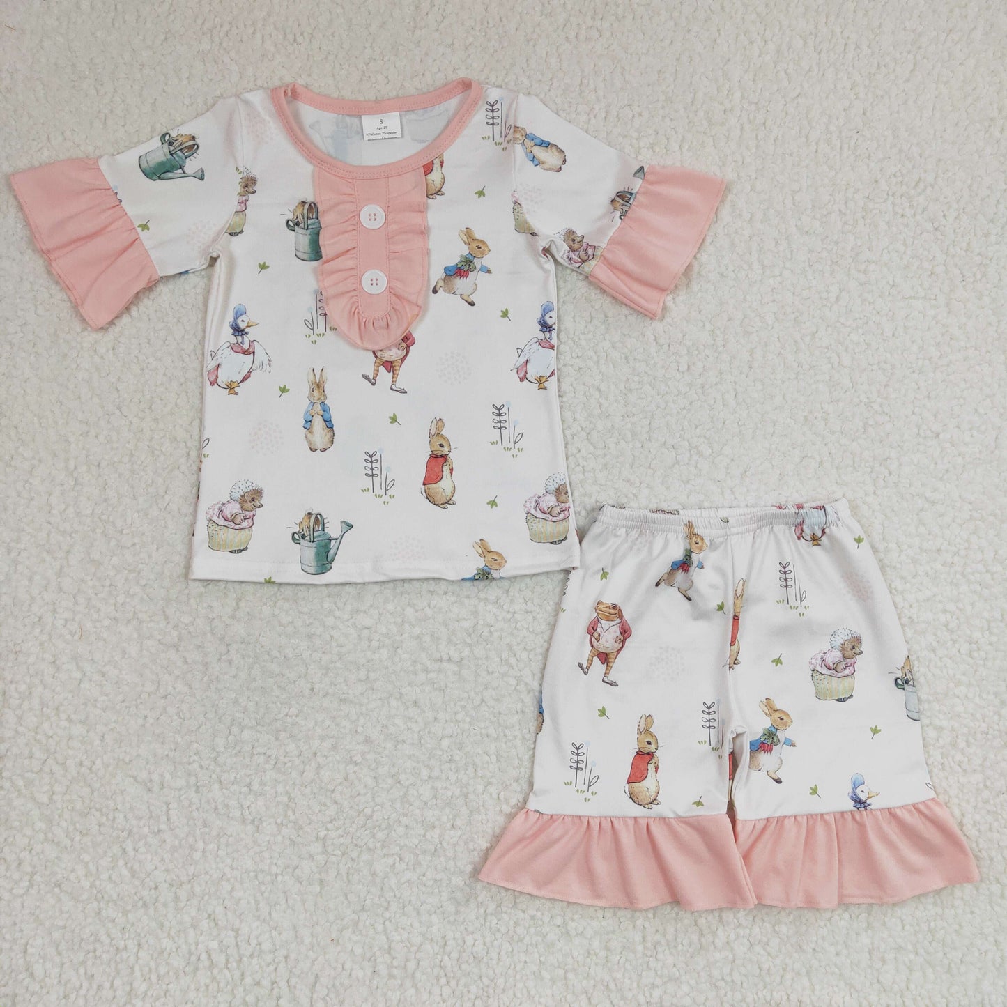 GSSO0155 Girls Rabbit Goose Lace Flying Sleeve Short Sleeve Shorts Set