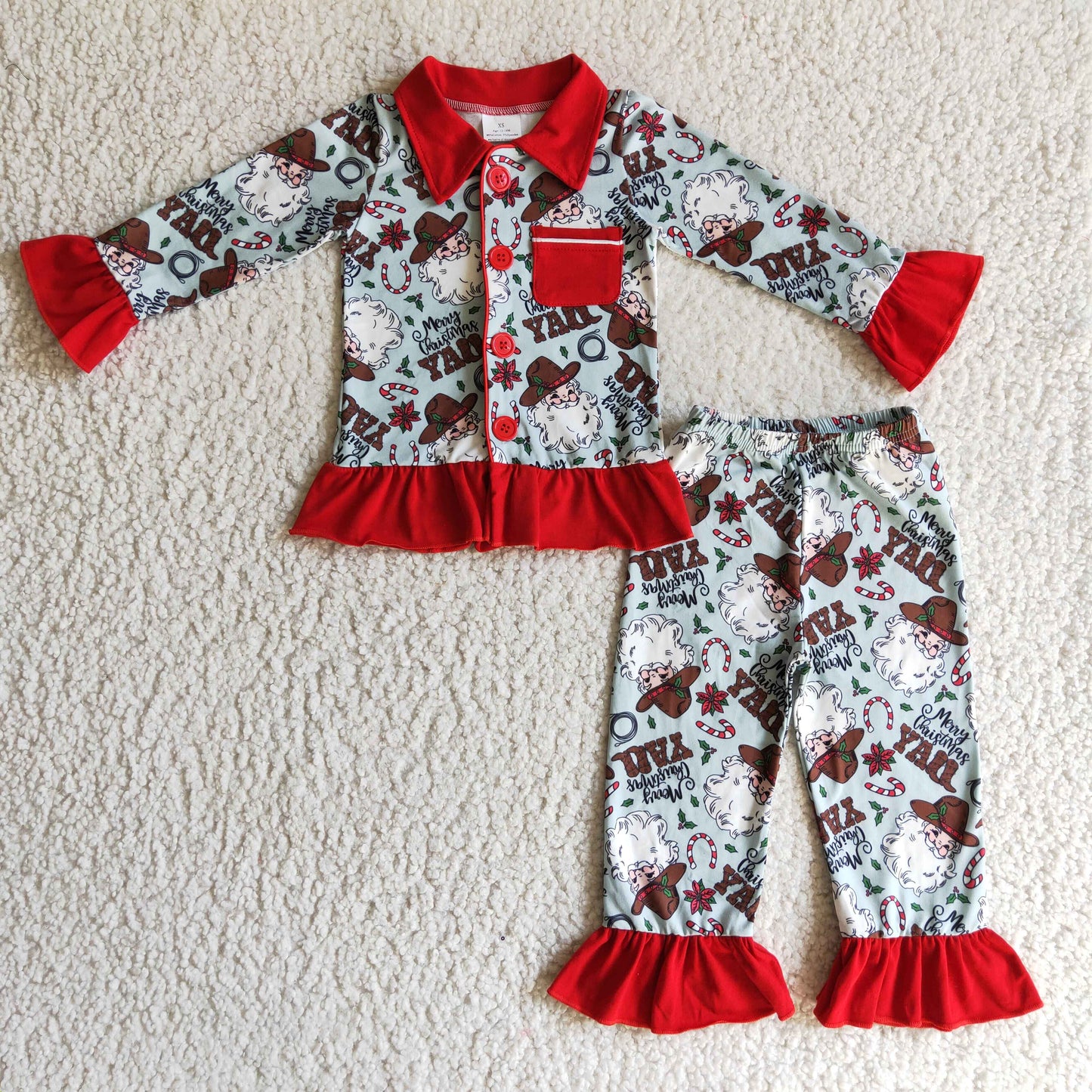 GLP0216 girls Christmas outfit long sleeve and long pants Santa Claus print pajamas
