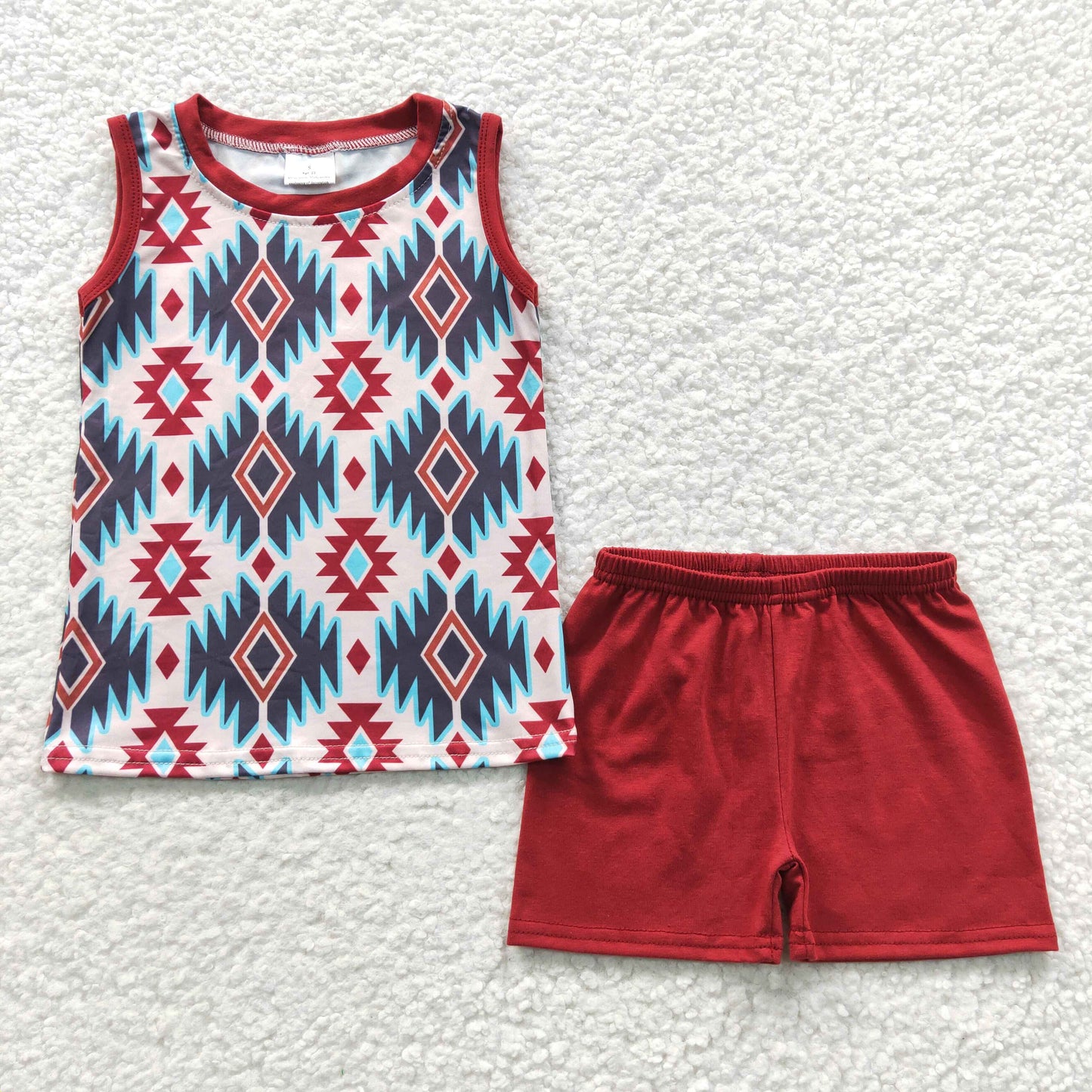 BSSO0215 Boys Geometric Red Sleeveless Shorts Set