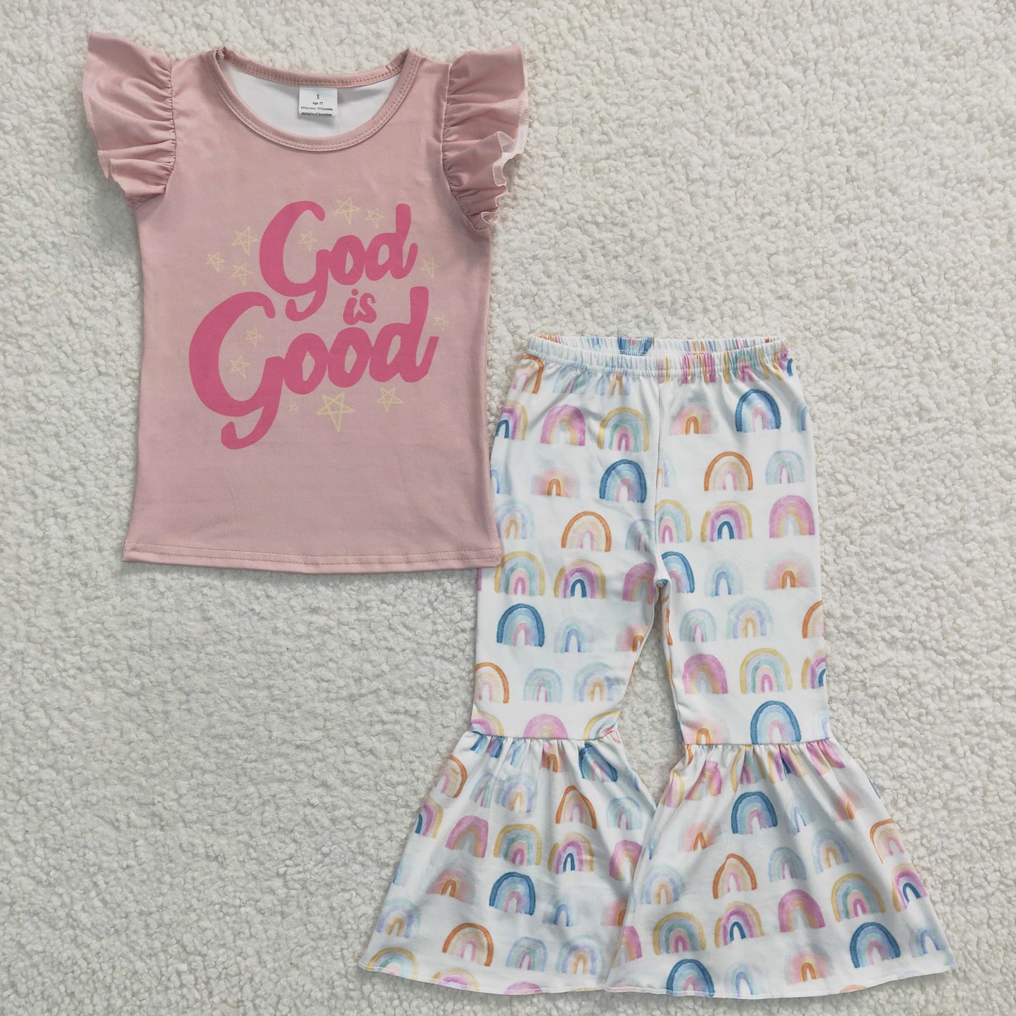 RTS NO MOQ(In Stock) Girls god is good rainbow flying sleeve trouser suit