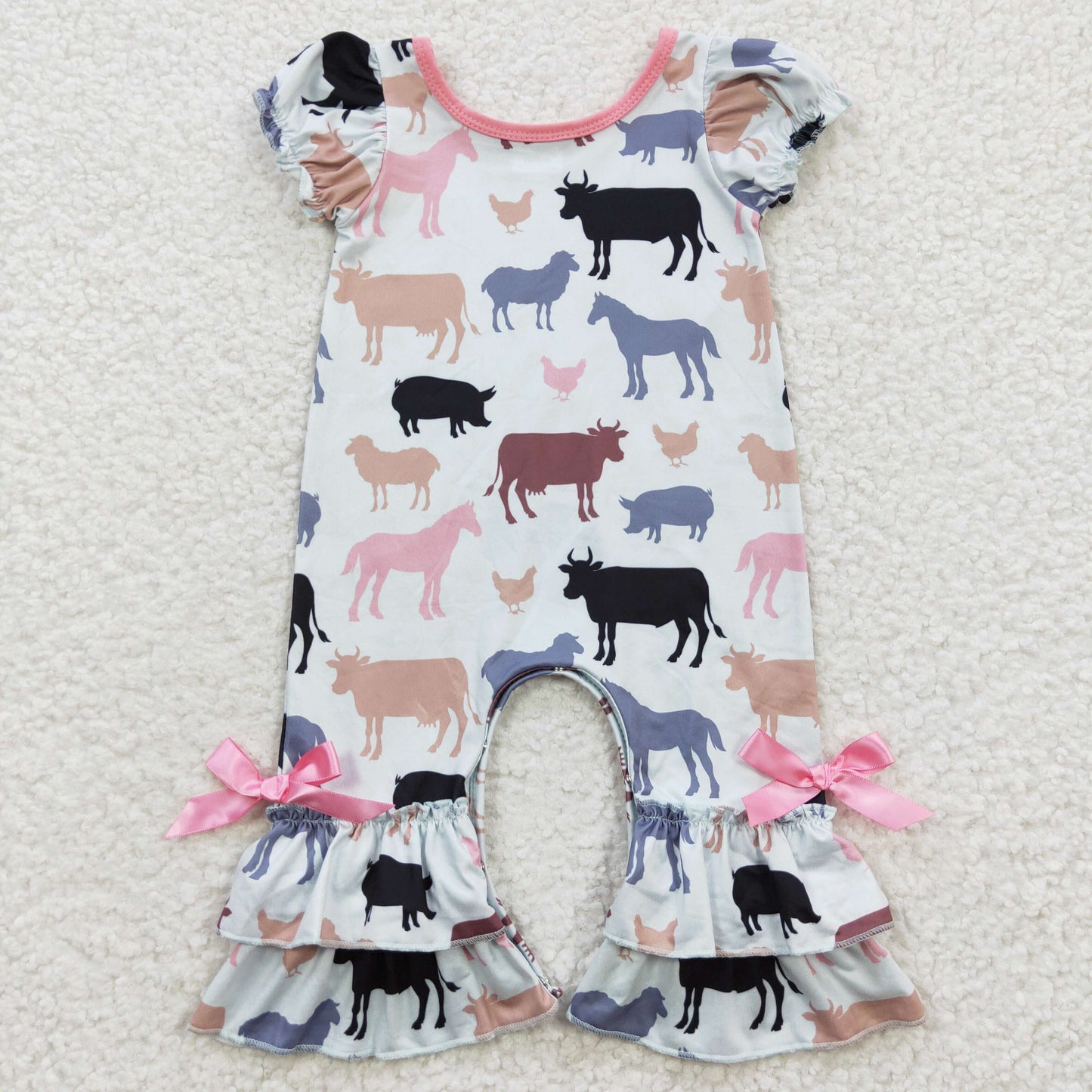 SR0328 Cow Horse Chicken White Short Sleeve Jumpsuit