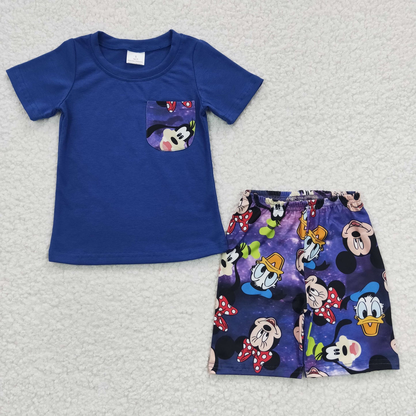 RTS NO MOQ(In Stock ) BSSO0163 Boys Cartoon Purple Pocket Short Sleeve Shorts Set
