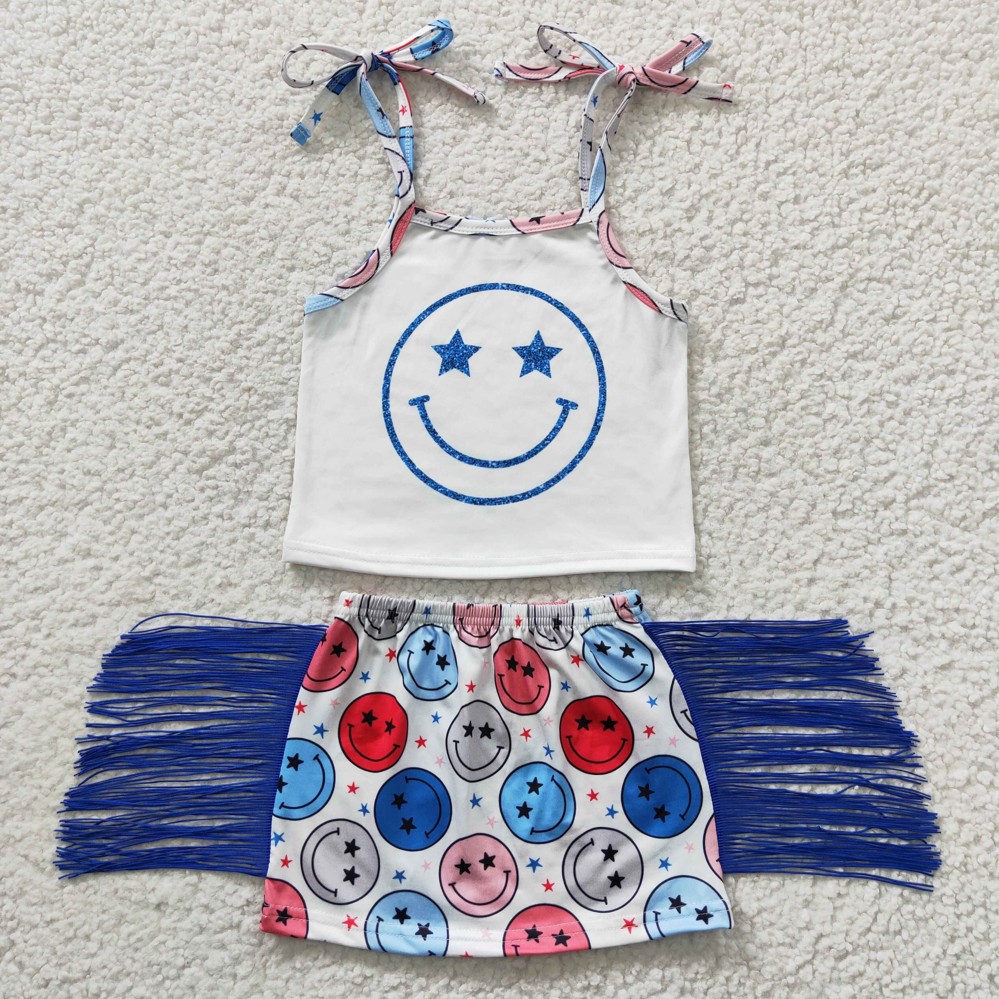 GSD0325 Smiley Sling Blue Tassel Skirt Set sunshine kids clothes
