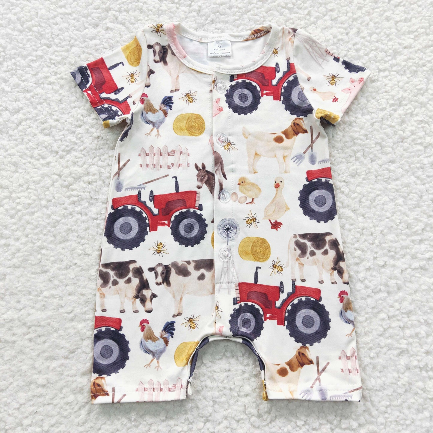 SR0279 Farm Car Chicken Duck Donkey Short Sleeve Jumpsuit
