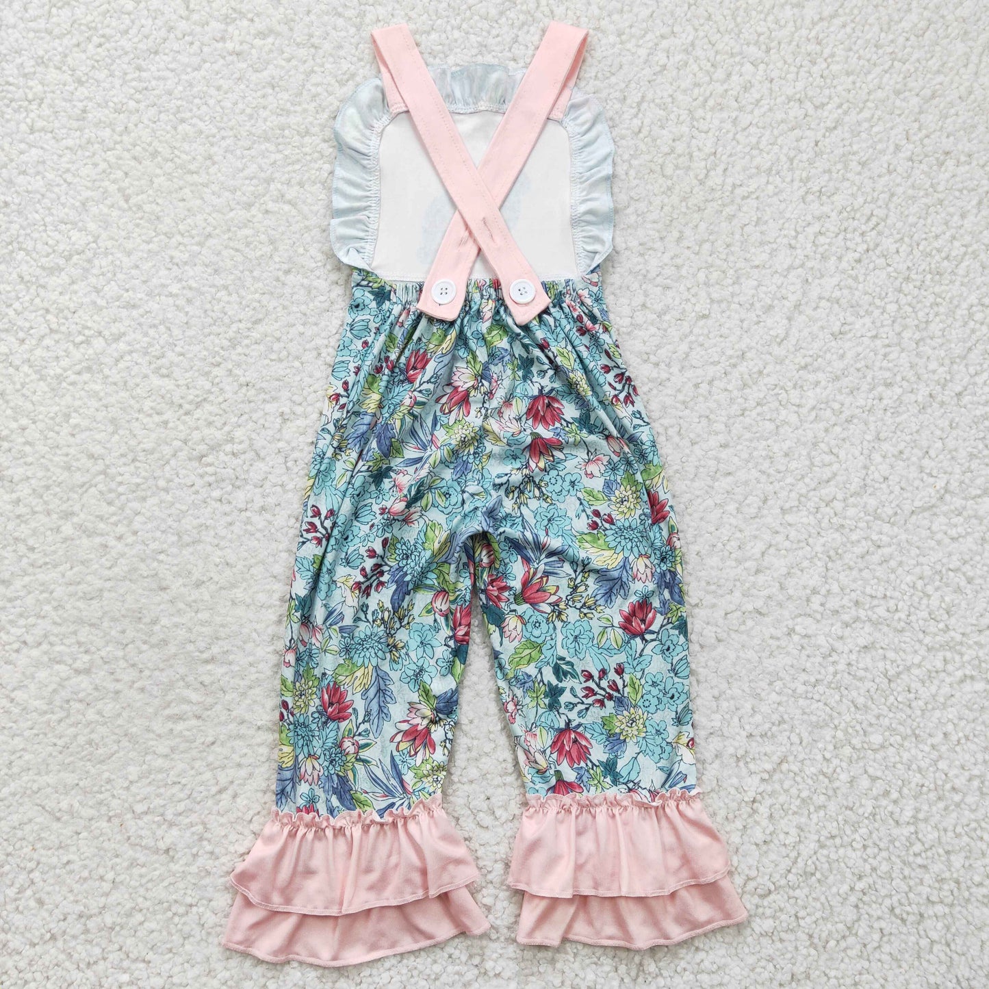 SR0164 Girl Easter Flower Rabbit Pink Suspenders Romper