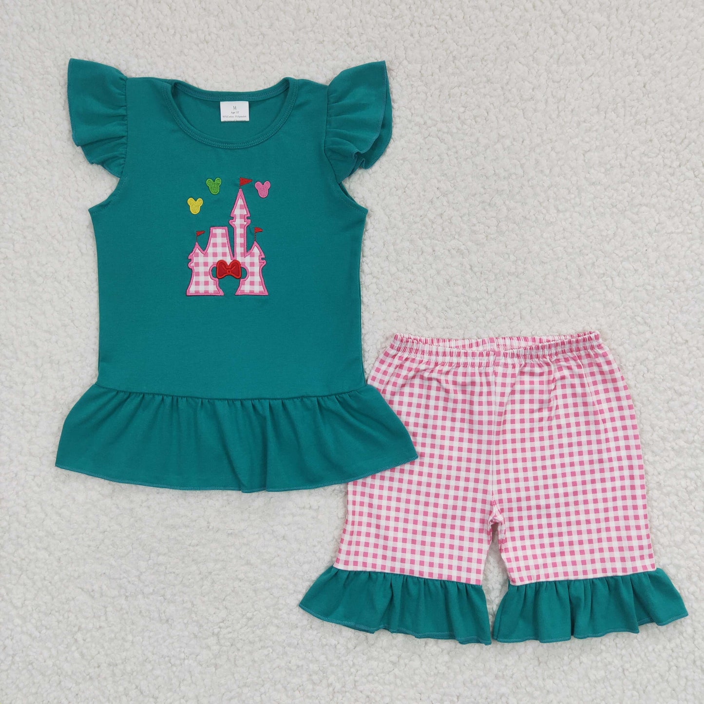 RTS NO MOQ GSSO0151 Girls Embroidered Cartoon Castle Green Flying Sleeves Red Shorts Set