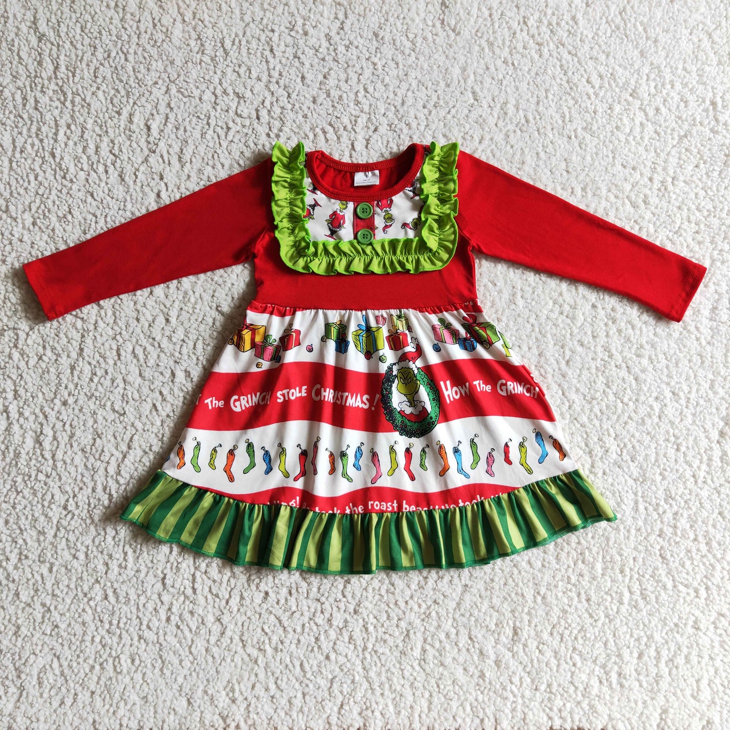 RTS NO MOQ ETA 5/7days Arrived GLD0097 girls christmas dress cartoon print long sleeve dress