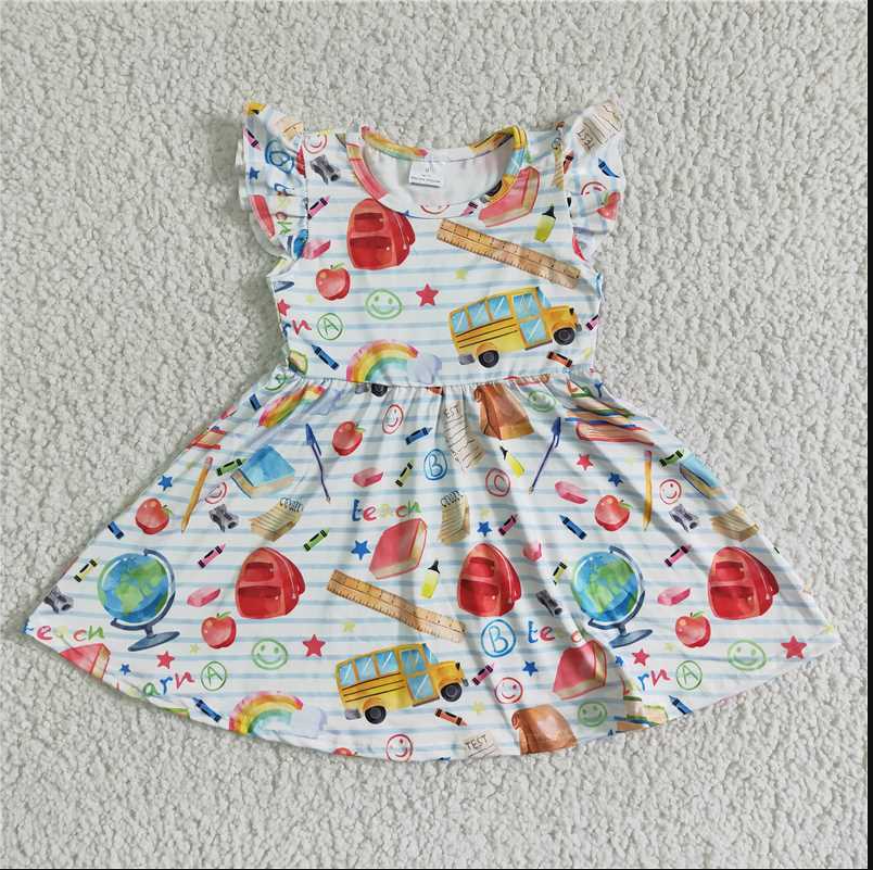 GSD0085 Girl children clothing flying sleeve dress milk silk dresses RTS cartoon print