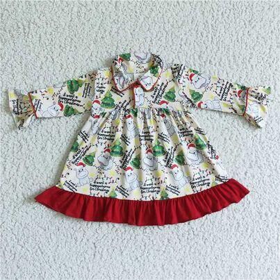 girls Christmas tree long sleeve dress cartoon print