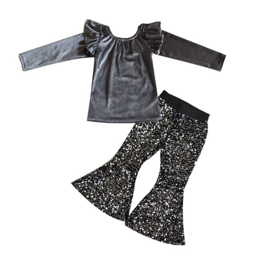 Girls Clothing Golden Velvet Long Sleeve Long Pants Sequin Pants Set