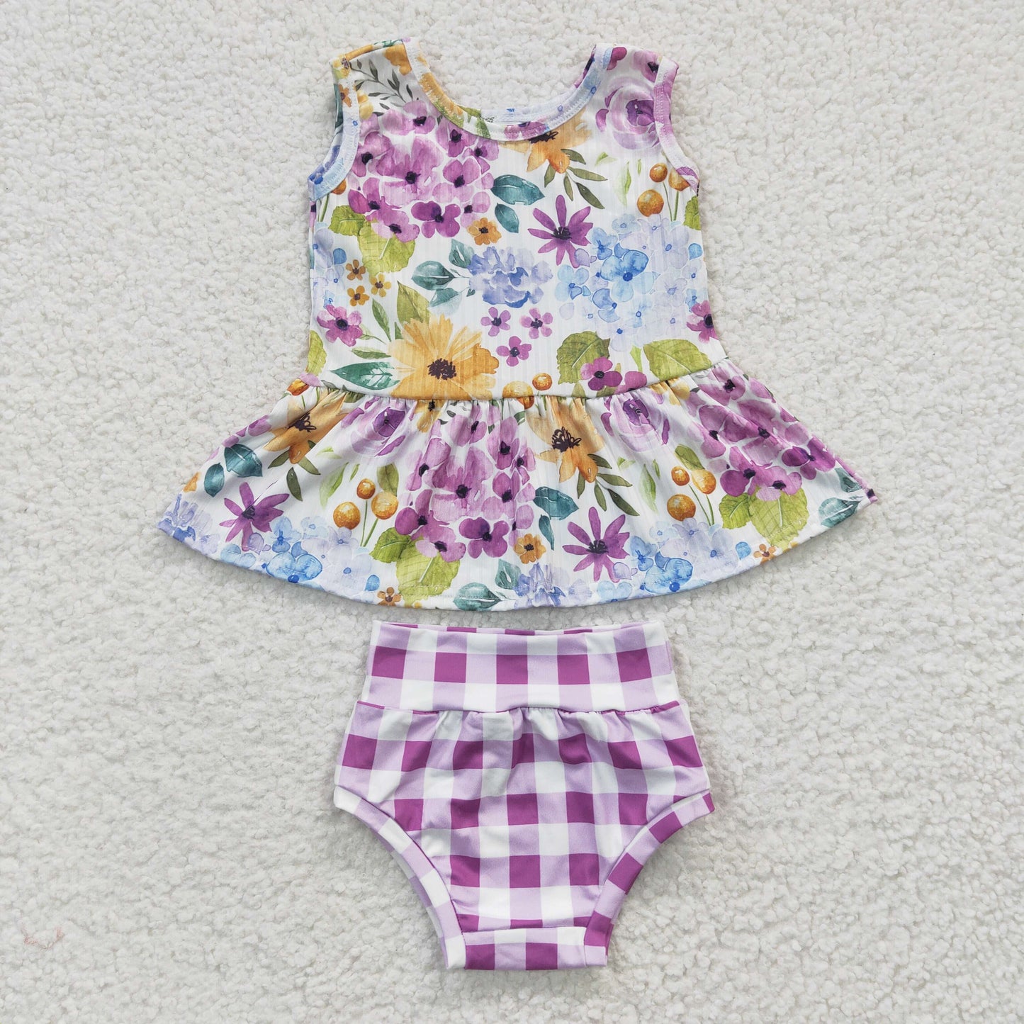 GBO0086 Girls Ribbed Purple Flower Sleeveless Plaid Brief Set