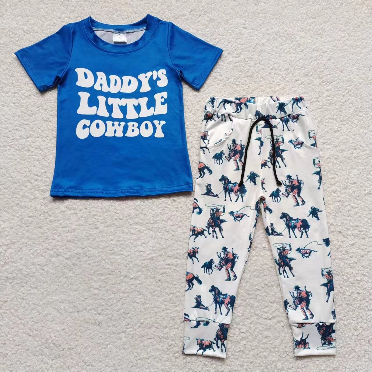 RTS NO MOQ BSPO0100 Boy daddys little cowboy blue short-sleeved trouser suit