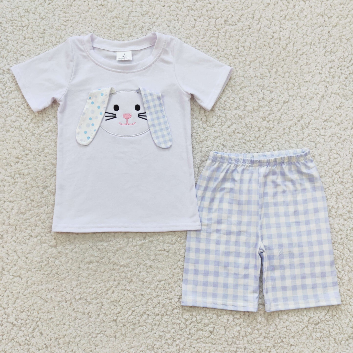 BSSO0090 Boys Embroidered Rabbit White Short Sleeve Blue Check Shorts Set