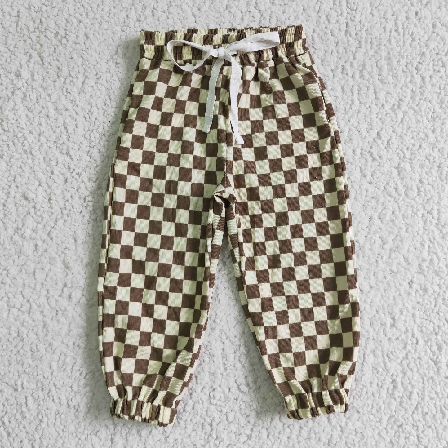 P0021 Girls Long Pants Beige Checkerboard Pants