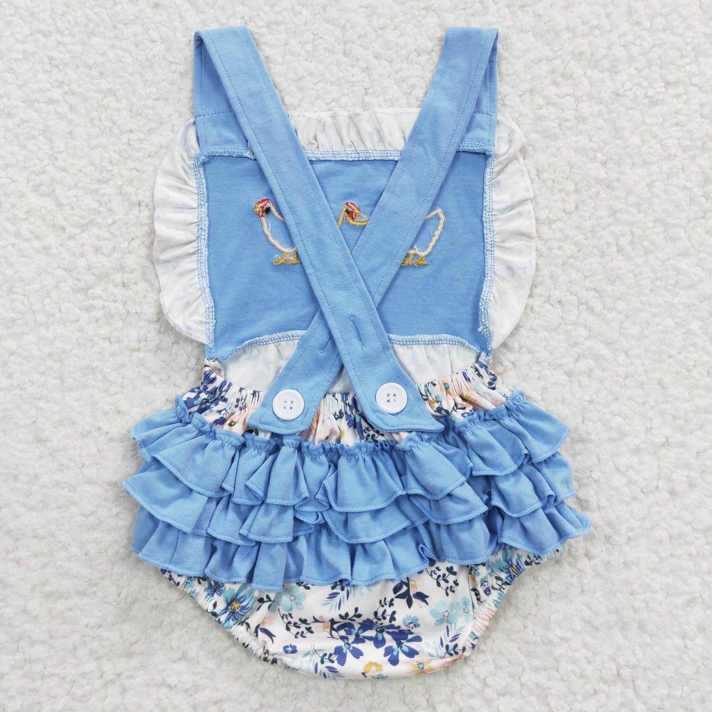 SR0285 Girls Embroidered Flower Rooster Blue Vest Jumpsuit