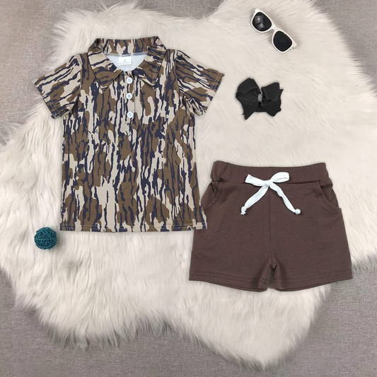 RTS NO MOQ BT1207+SS0134 camouflage short-sleeved top Brown pocket shorts