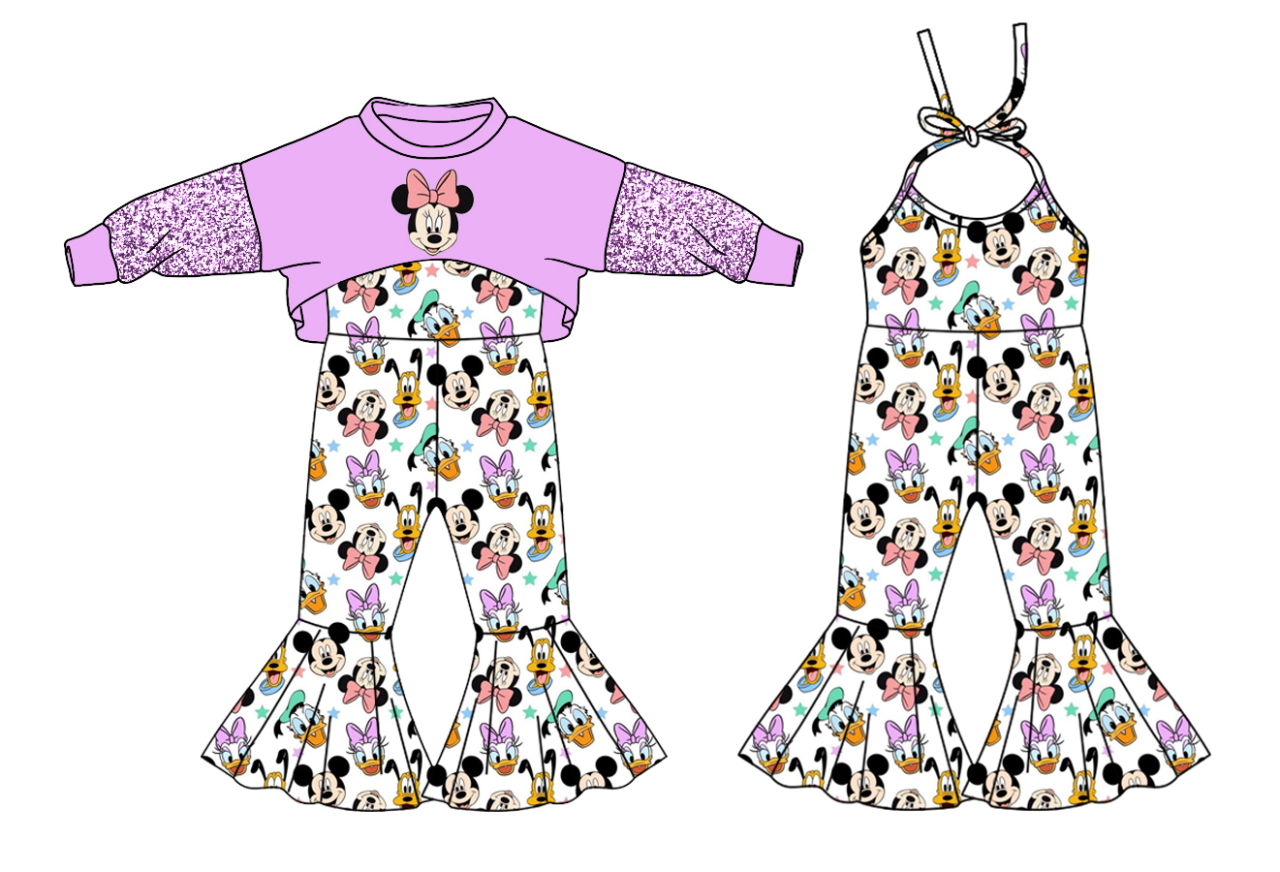 Deadline November 30 custom no moq eta 6-8weeks  Purple 2-piece overalls and pullover girls set