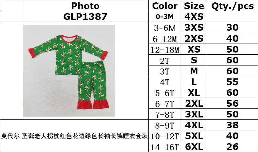 Bamboo rts no moq GLP1387 Modal Santa Claus Cane Red Lace Green Long Sleeve Pants Pajama Set