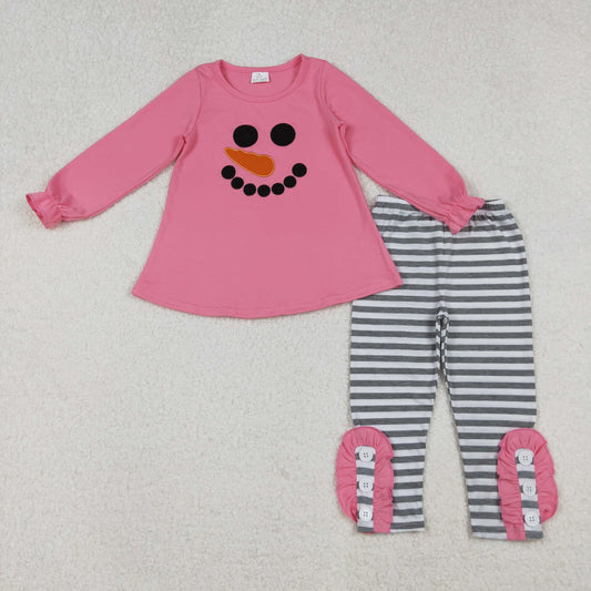 RTS NO MOQ（In Stock) GLP2728 Embroidery Christmas Snowman Smiley Pink Long Sleeve Off White Striped Trouser Suit