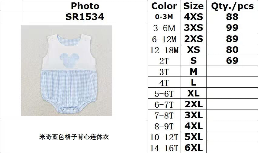 RTS no moq SR1534 Mickey blue plaid vest bodysuit