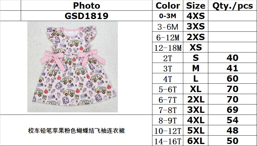 RTS NO MOQ ETA 5/7days Arrived GSD1819 School bus pencil apple pink bow flying sleeve dress