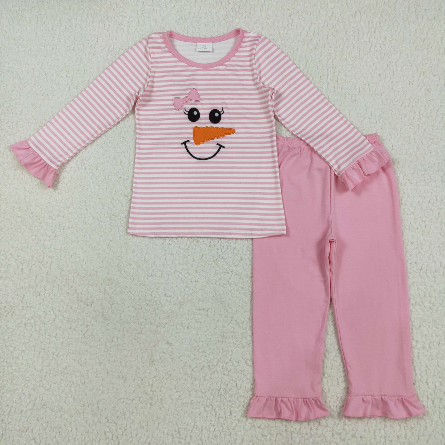 RTS NO MOQ（In Stock) GLP2520 Embroidered Christmas snowman smiley face pink striped long-sleeved trousers pajama set