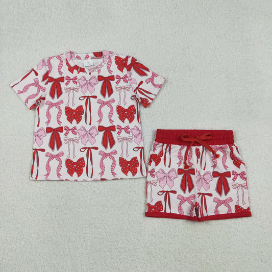 RTS NO MOQ（In Stock) Pink Bow Pattern Short-Sleeved Shorts Set