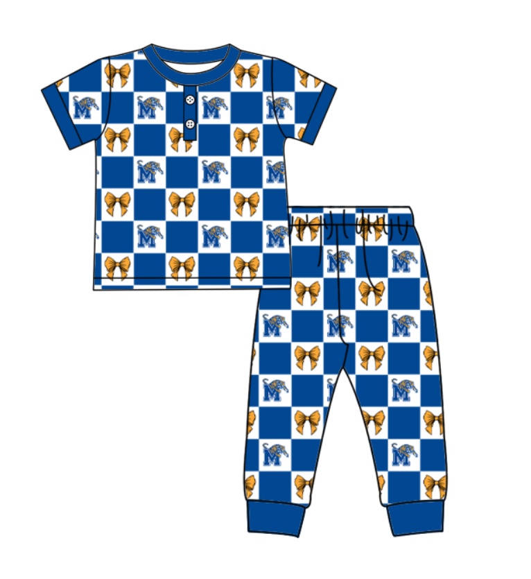Custom moq 5 mix size milk silk summer teams baby boys clothes bow blue short sleeve pants sets