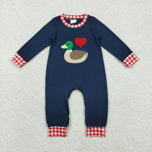 RTS NO MOQ（In Stock) LR2721 Embroidered Valentine's Day Heart Duck Red and White Checkered Navy Blue Long-Sleeved Jumpsuit