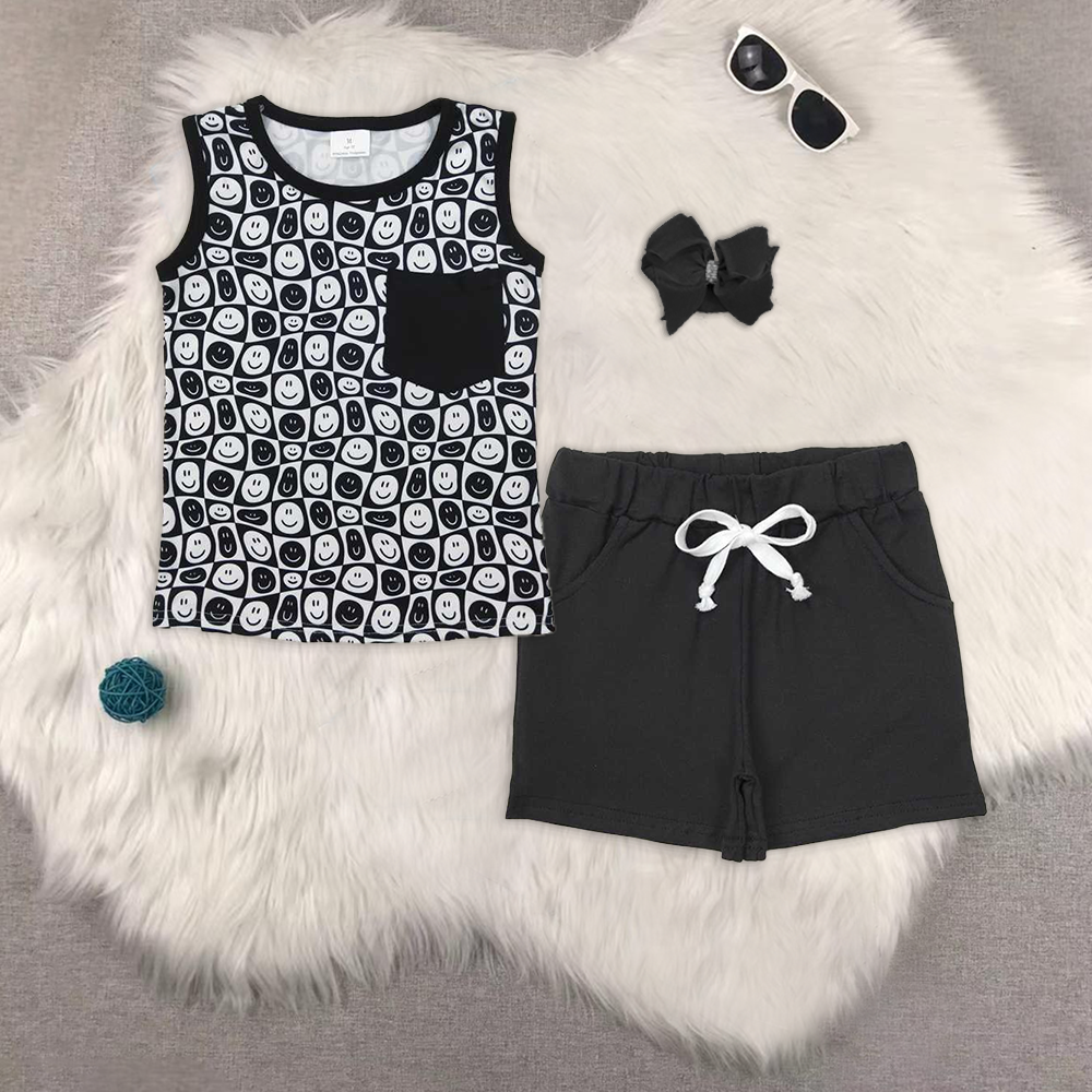 RTS NO MOQ BT1192+SS0137 smiley black sleeveless top Black pocket shorts sets