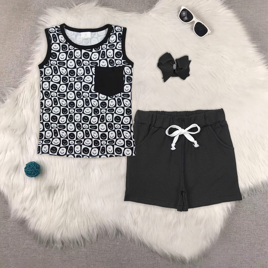 RTS NO MOQ BT1192+SS0137 smiley black sleeveless top Black pocket shorts sets