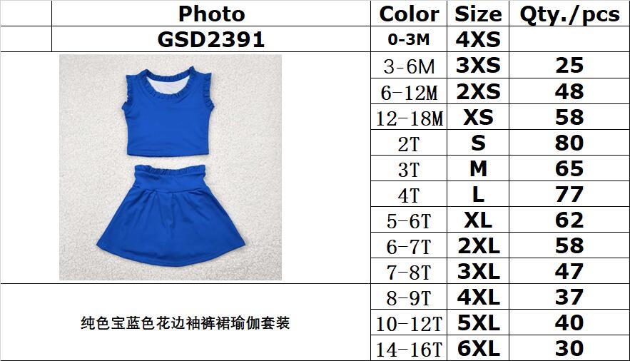 RTS NO MOQ GSD2391 Pure royal blue lace sleeve pants skirt yoga suit