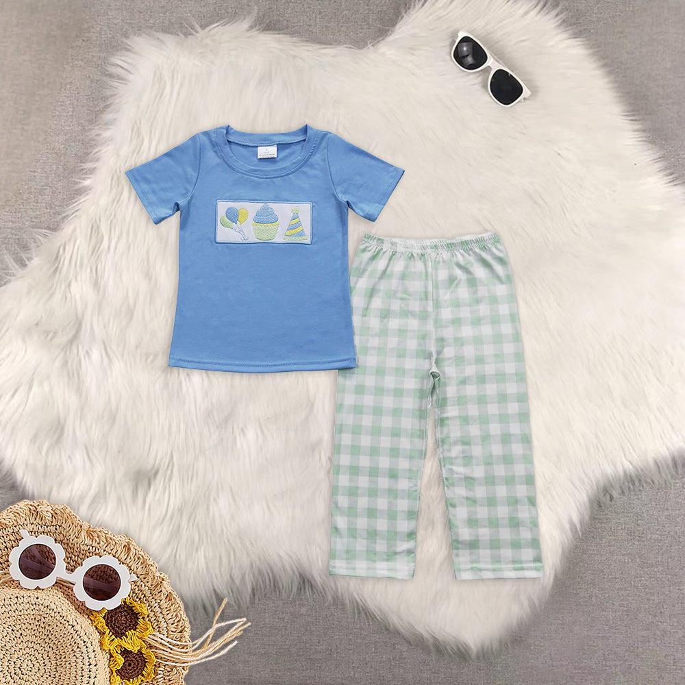 RTS NO MOQ  Gift Box-Birthday Hat-Cake Pattern Short Sleeve Suit & Dress & Top