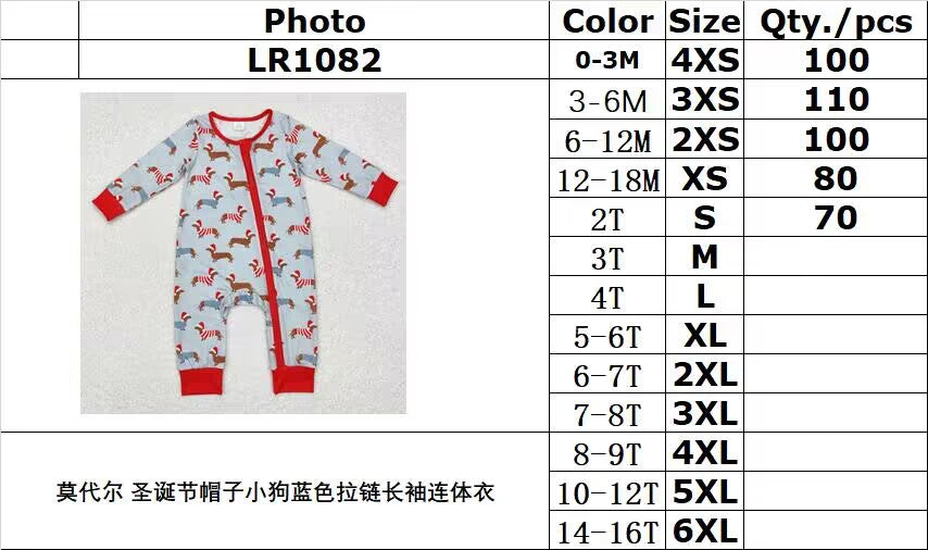 bamboo rts no moq LR1082 Modal Christmas hat puppy blue zipper long sleeve jumpsuit